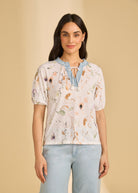 Front view of 3/4 sleeve embellished top in Delicate showing floral print and V-neck detail by French Dressing Jeans (FDJ)