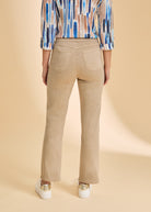 Back view of sand straight-leg jeans, showcasing tailored pocket detail by French Dressing Jeans (FDJ)