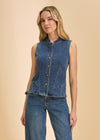 Front view of dark wash sleeveless denim top with button details by French Dressing Jeans (FDJ)