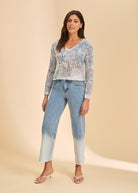 Full view of blue mesh floral sweater with gradient jeans by French Dressing Jeans (FDJ)