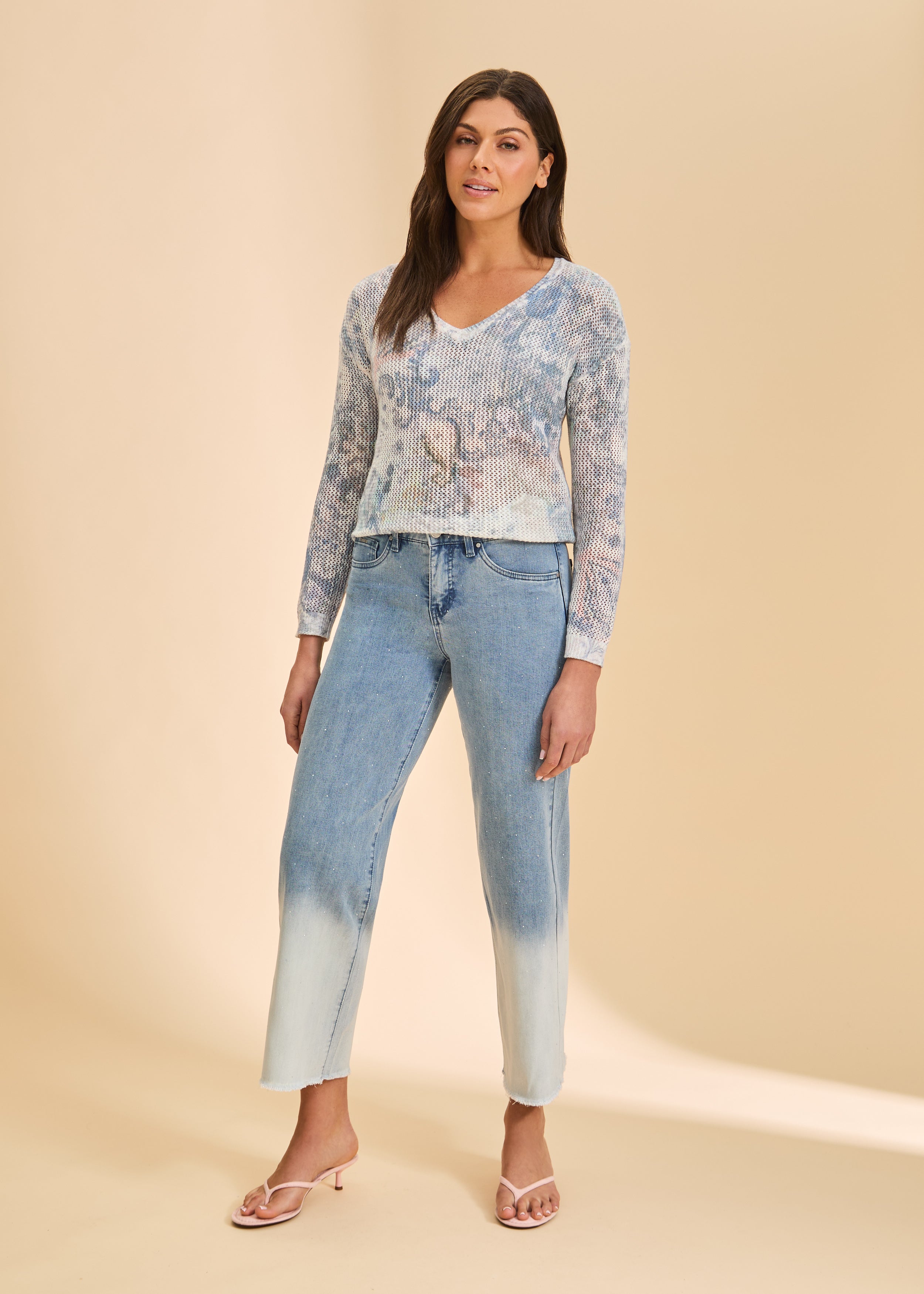 Full view of blue mesh floral sweater with gradient jeans by French Dressing Jeans (FDJ)