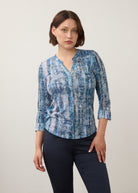 Front view of 3/4 sleeve top with button detail and abstract blue pattern by French Dressing Jeans (FDJ)