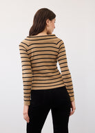 Back view of striped tan and black sweater showing pattern by French Dressing Jeans (FDJ)