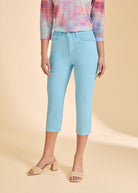 Close-up front view of light blue cropped jeans, highlighting sleek silhouette by French Dressing Jeans (FDJ)