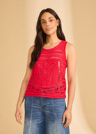 Front view of red crochet tank with intricate design by French Dressing Jeans (FDJ)