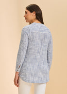 Back view of striped blue tunic showing yoke detail and long sleeves by French Dressing Jeans (FDJ)