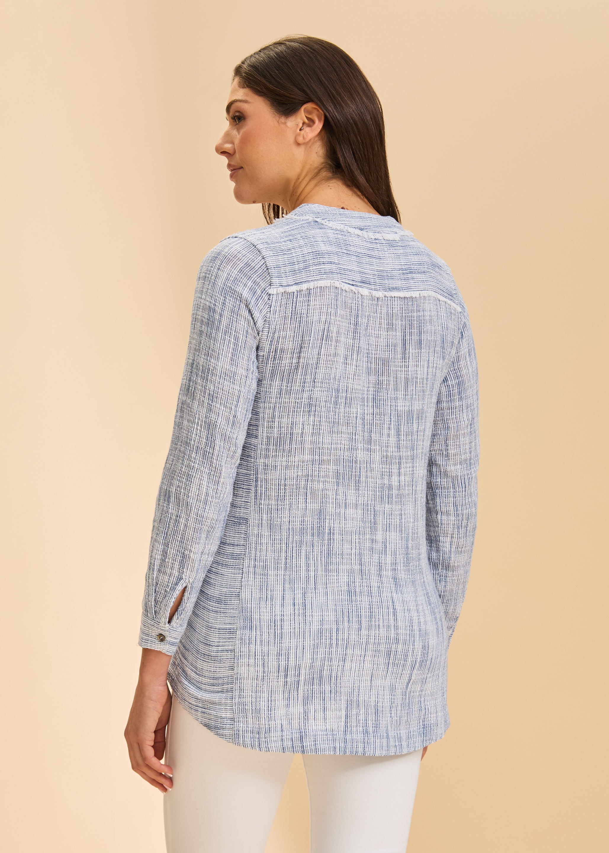Back view of striped blue tunic showing yoke detail and long sleeves by French Dressing Jeans (FDJ)