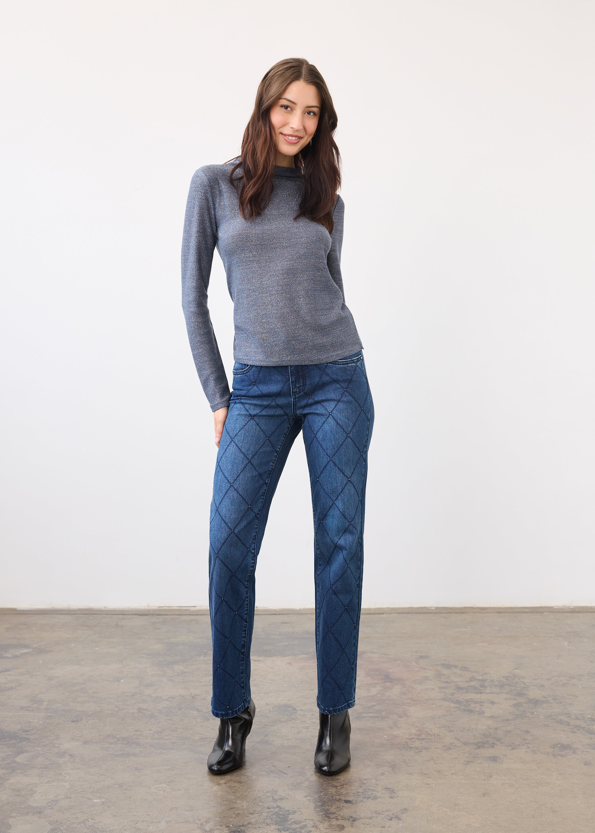 Full view of indigo jeans with grid pattern and mid-rise straight leg by French Dressing Jeans (FDJ)