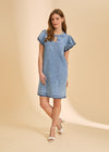 Front view of chambray shift dress in snow wash with round neck and keyhole detail by French Dressing Jeans (FDJ)