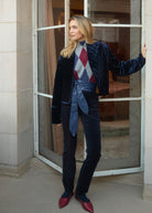 Front view of reversible quilted jacket in velvet, blueberry hue, showcasing long sleeves by French Dressing Jeans (FDJ)