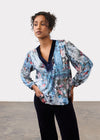Front view of long sleeve V-neck top in Indigo Gallery pattern, featuring abstract print by French Dressing Jeans (FDJ)