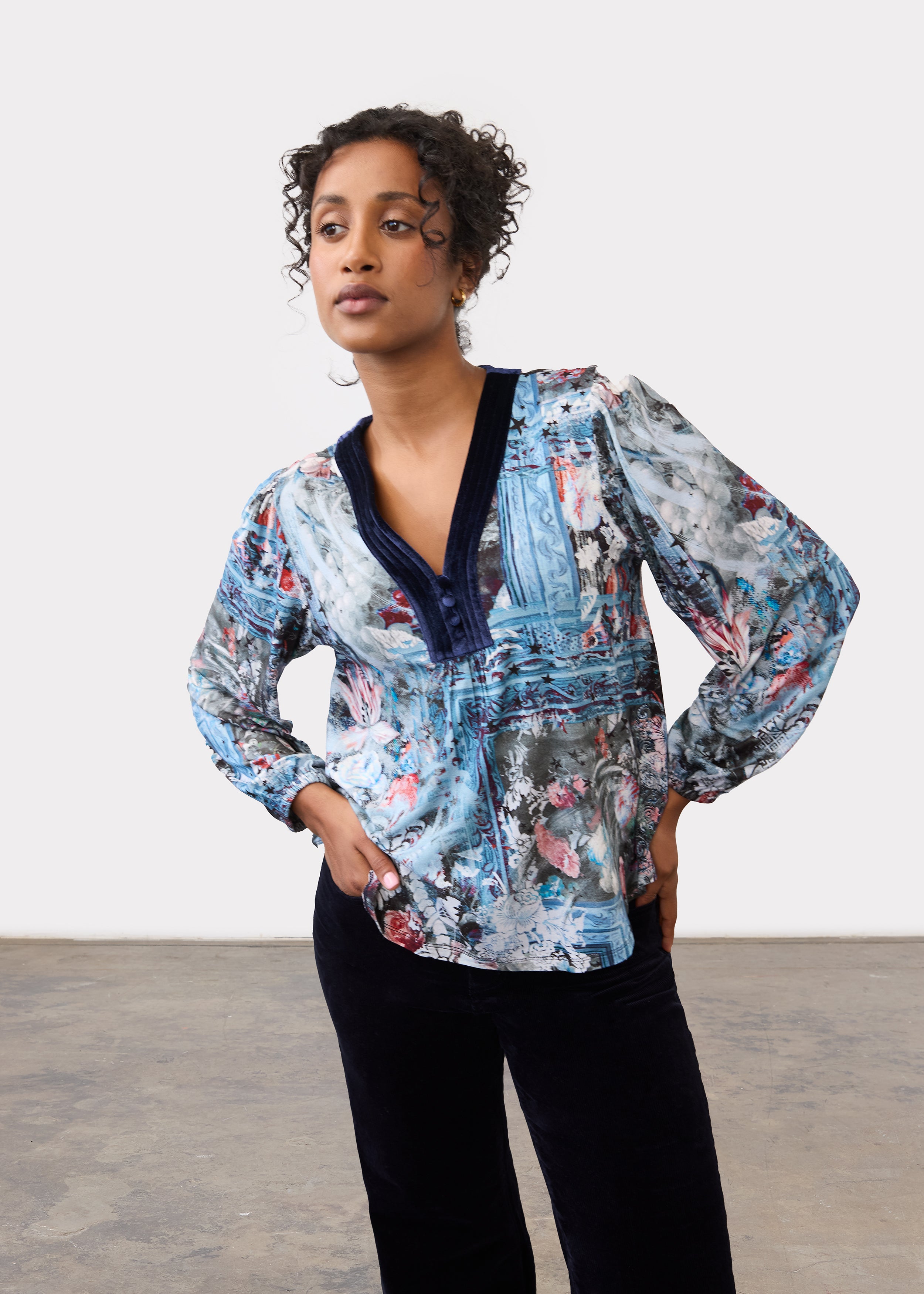 Front view of long sleeve V-neck top in Indigo Gallery pattern, featuring abstract print by French Dressing Jeans (FDJ)