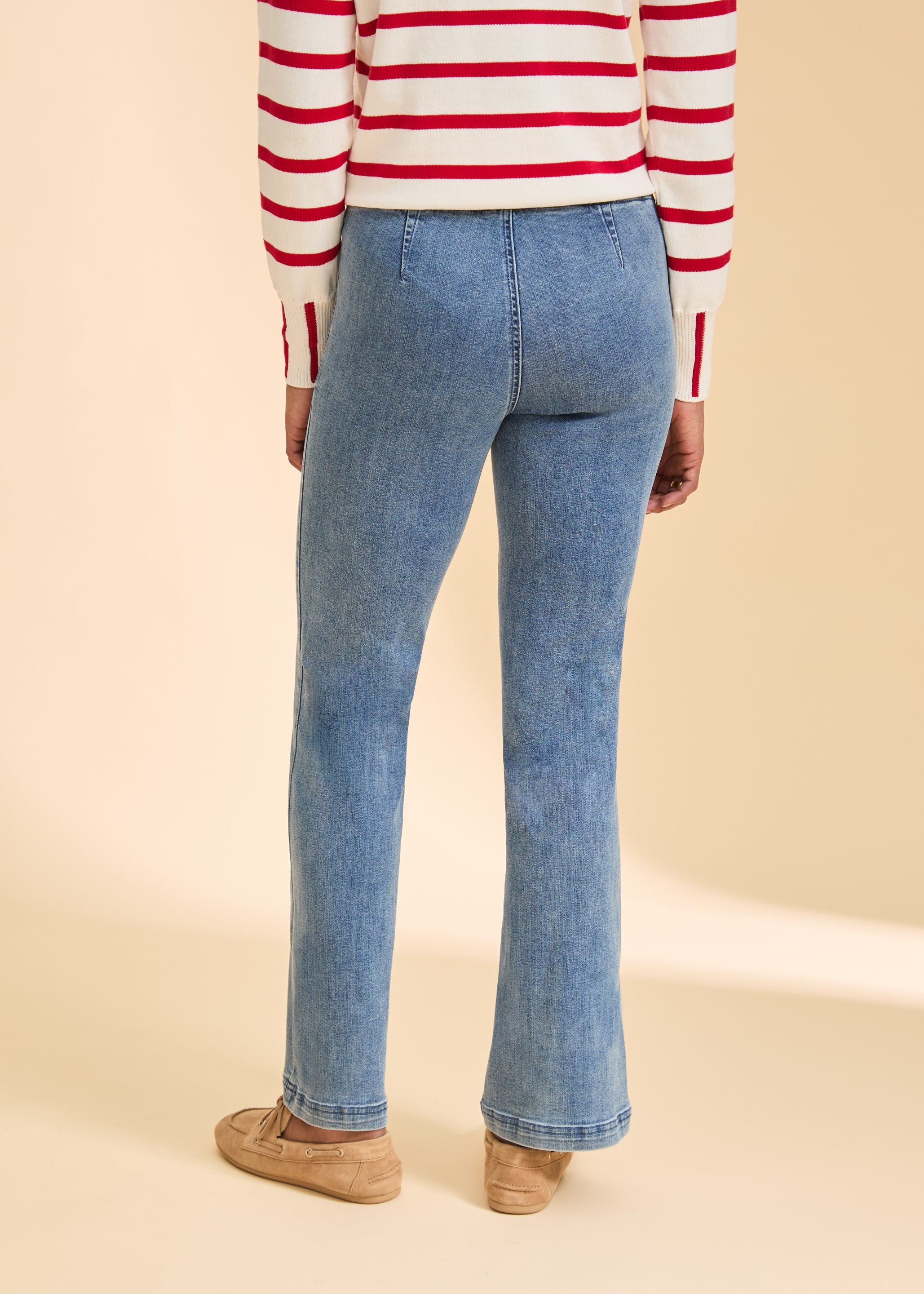 Back view of straight leg jeans with clean finish and no pockets by French Dressing Jeans (FDJ)