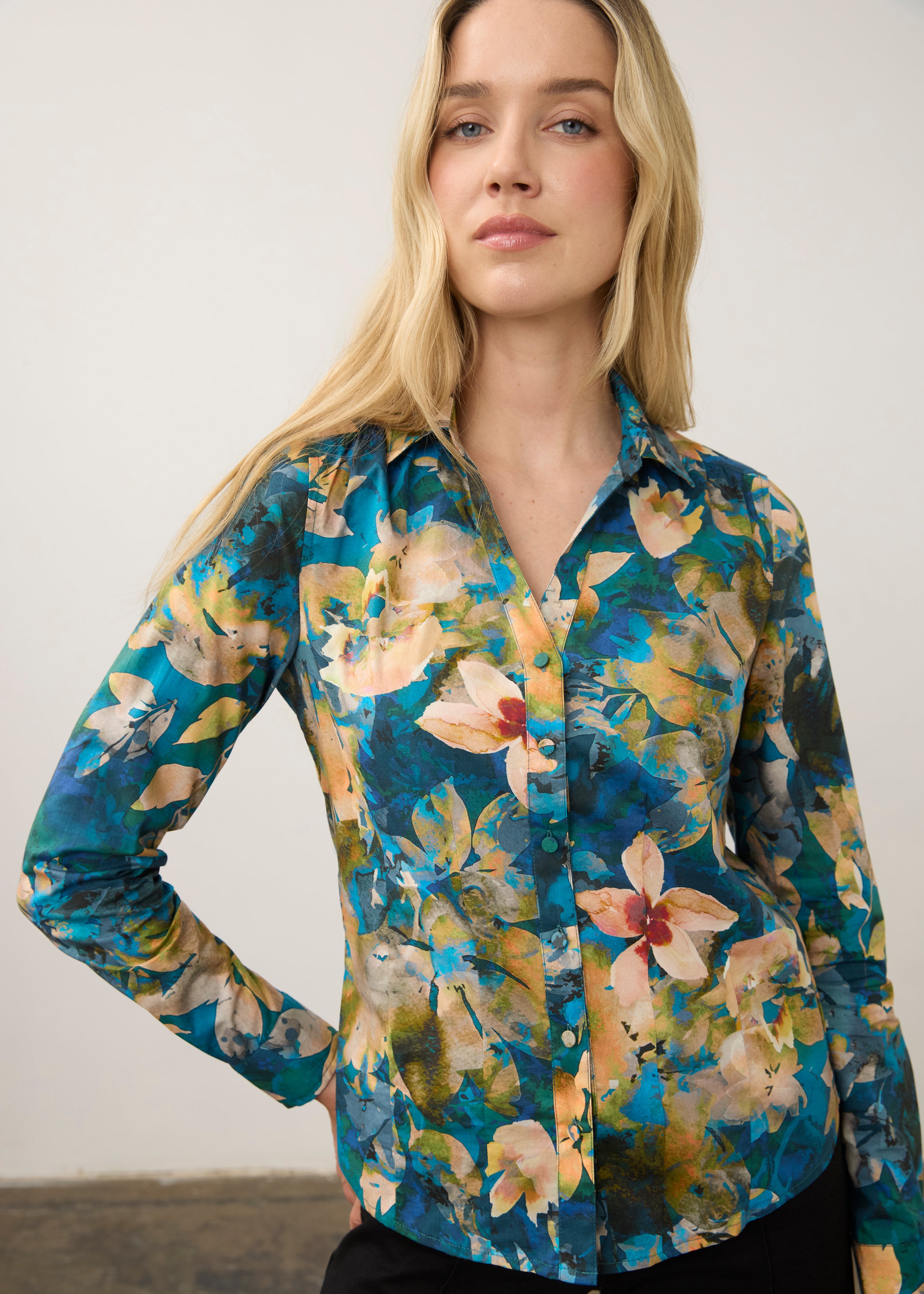 Close-up of blue floral shirt focusing on vivid colors by French Dressing Jeans (FDJ)