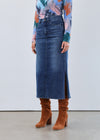 Slit Denim Column Midi Skirt, Dark Wash