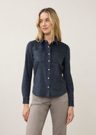 Front view of navy suede shirt with button front and chest pockets by French Dressing Jeans (FDJ)