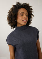 Close-up of navy ribbed top highlighting high collar and short sleeves by French Dressing Jeans (FDJ)