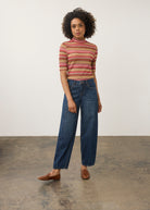 Full body view of dark wash jeans with knit top, emphasizing straight leg design by French Dressing Jeans (FDJ) par French Dressing Jeans (FDJ)