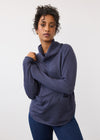 Front view of navy cowl neck sweater with pocket details by French Dressing Jeans (FDJ)