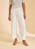 Close-up front view of ivory denim emphasizing seam detail and straight leg by French Dressing Jeans (FDJ)