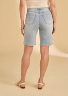 Back view of Olivia Bermuda shorts in indigo blue showing rear patch pockets by French Dressing Jeans (FDJ)