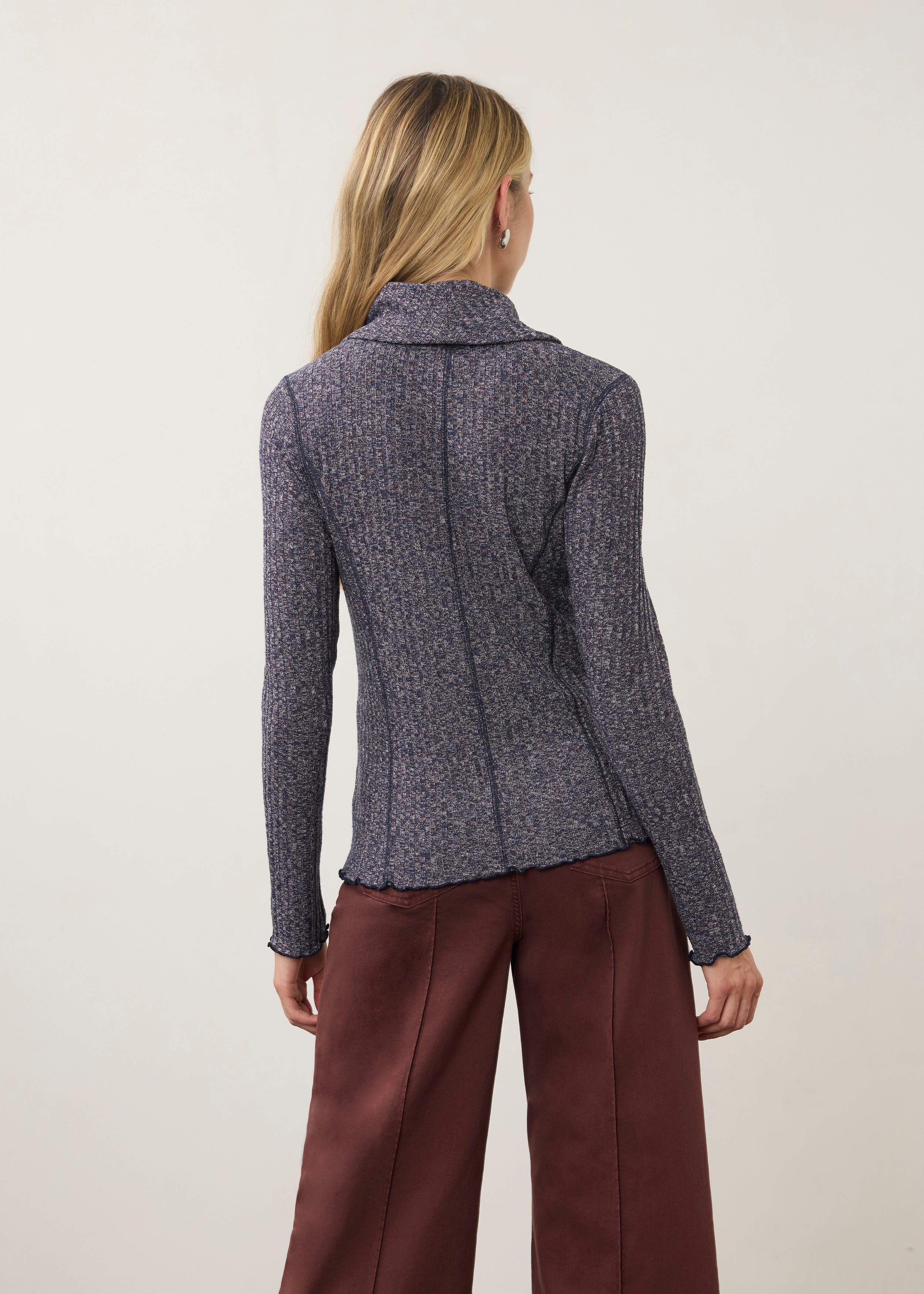 Back view of blue cowl neck top showing ribbed design by French Dressing Jeans (FDJ)