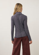 Back view of blue cowl neck top showing ribbed design by French Dressing Jeans (FDJ)