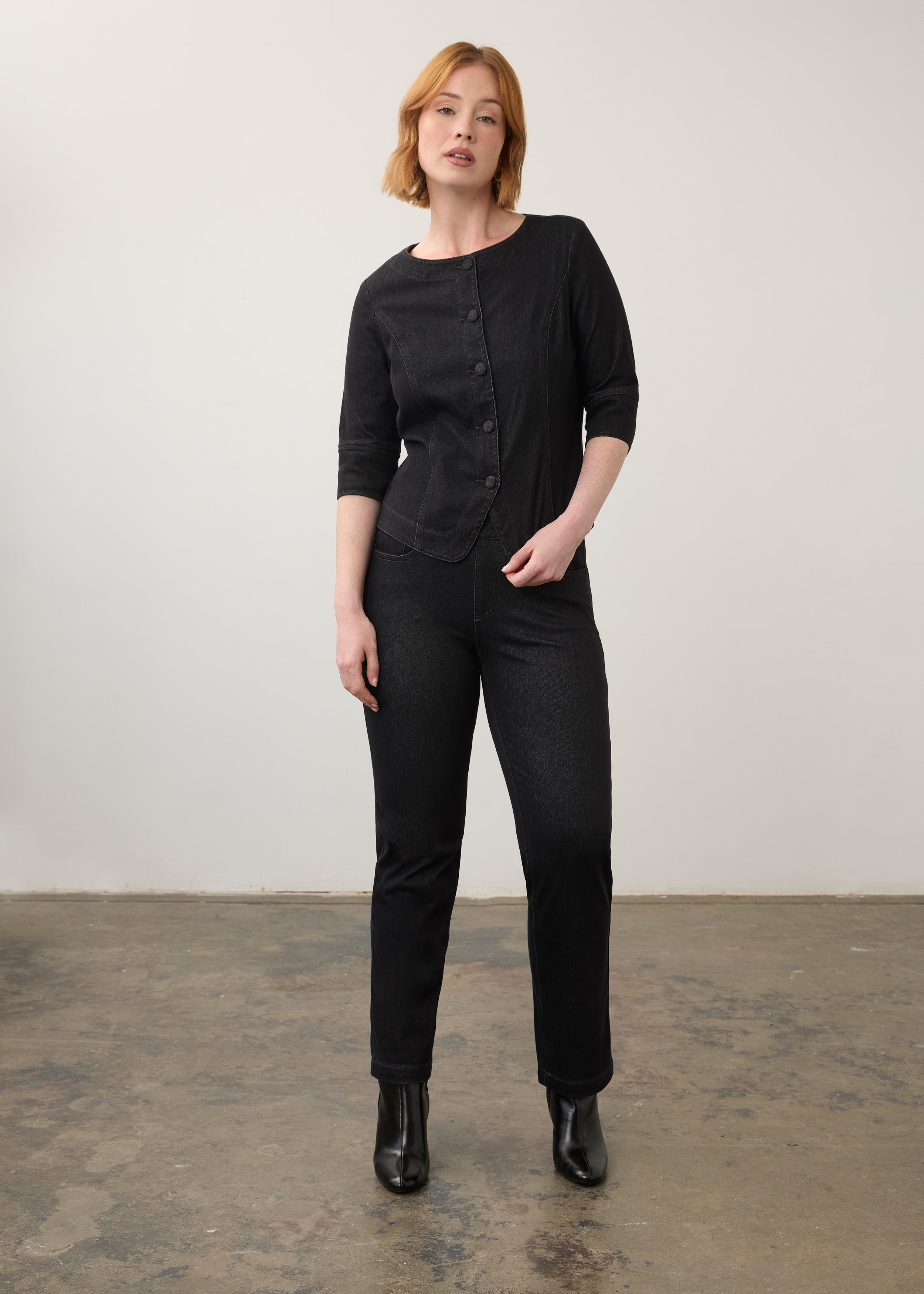 Full outfit view of black straight-leg jeans paired with matching button-up top by French Dressing Jeans (FDJ)