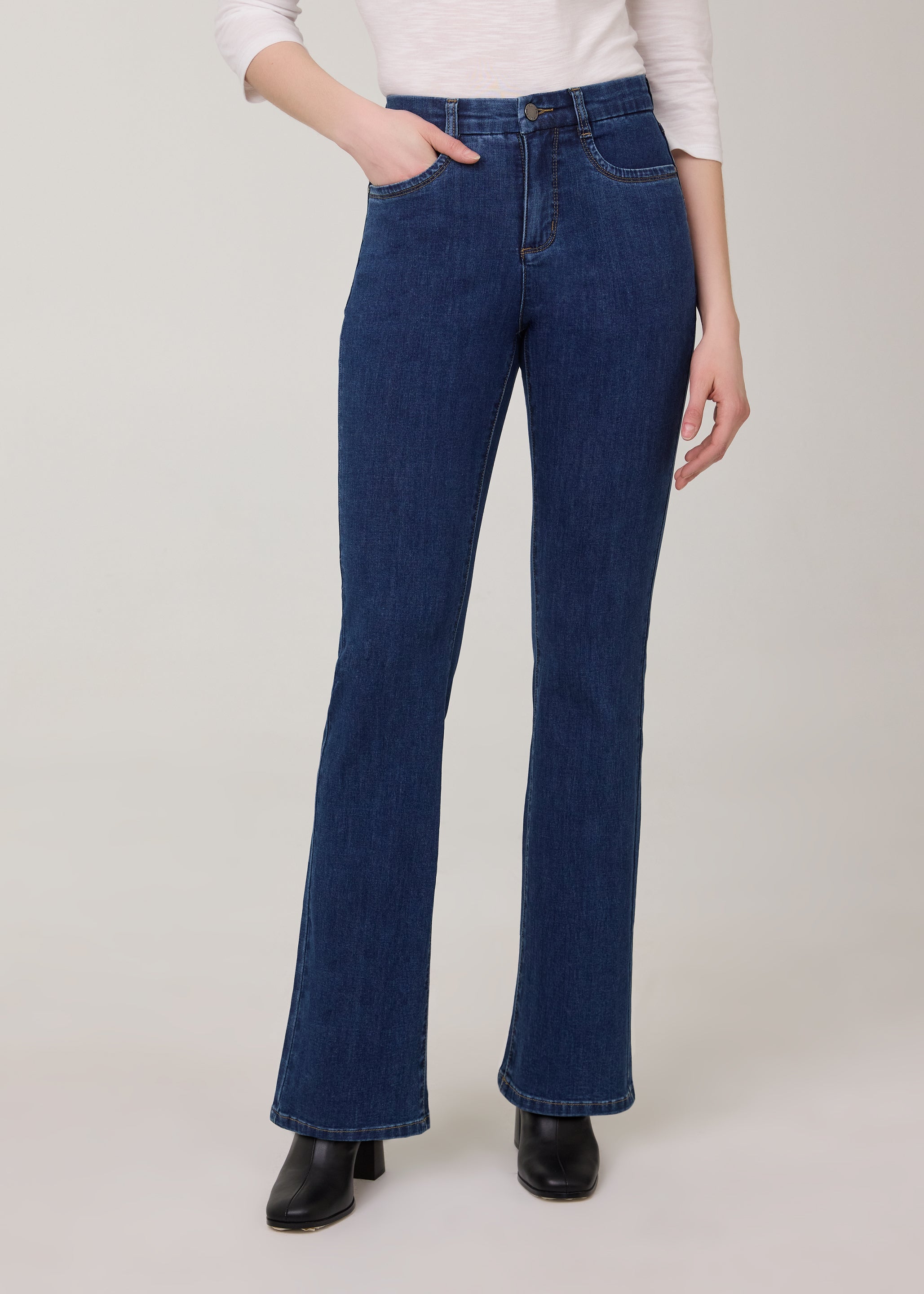 Front view of bootcut denim jeans in dark Delight color by French Dressing Jeans (FDJ)