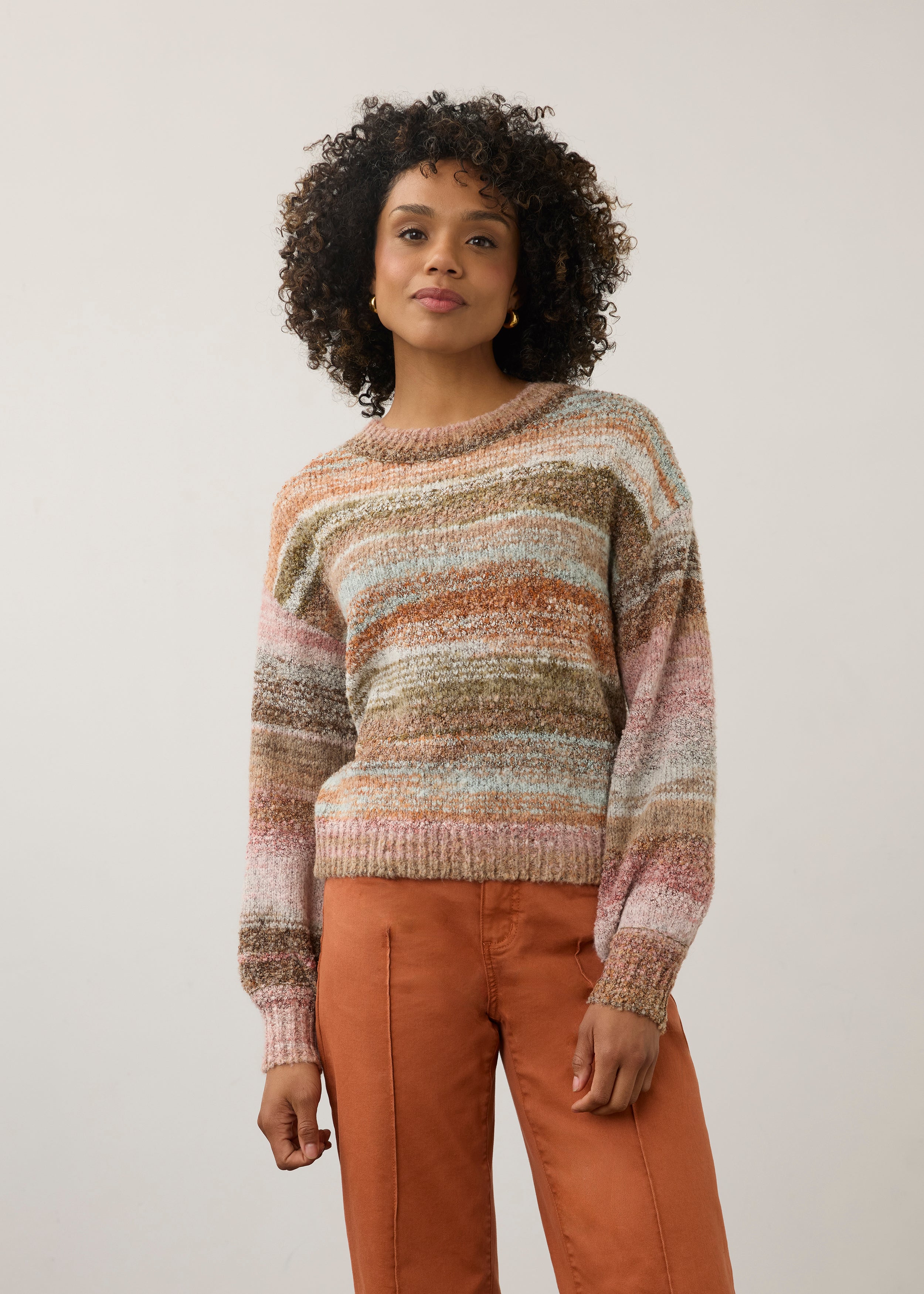 Front view of Boat Neck Boucle Sweater in natural spacedye, highlighting ribbed cuffs by French Dressing Jeans (FDJ)