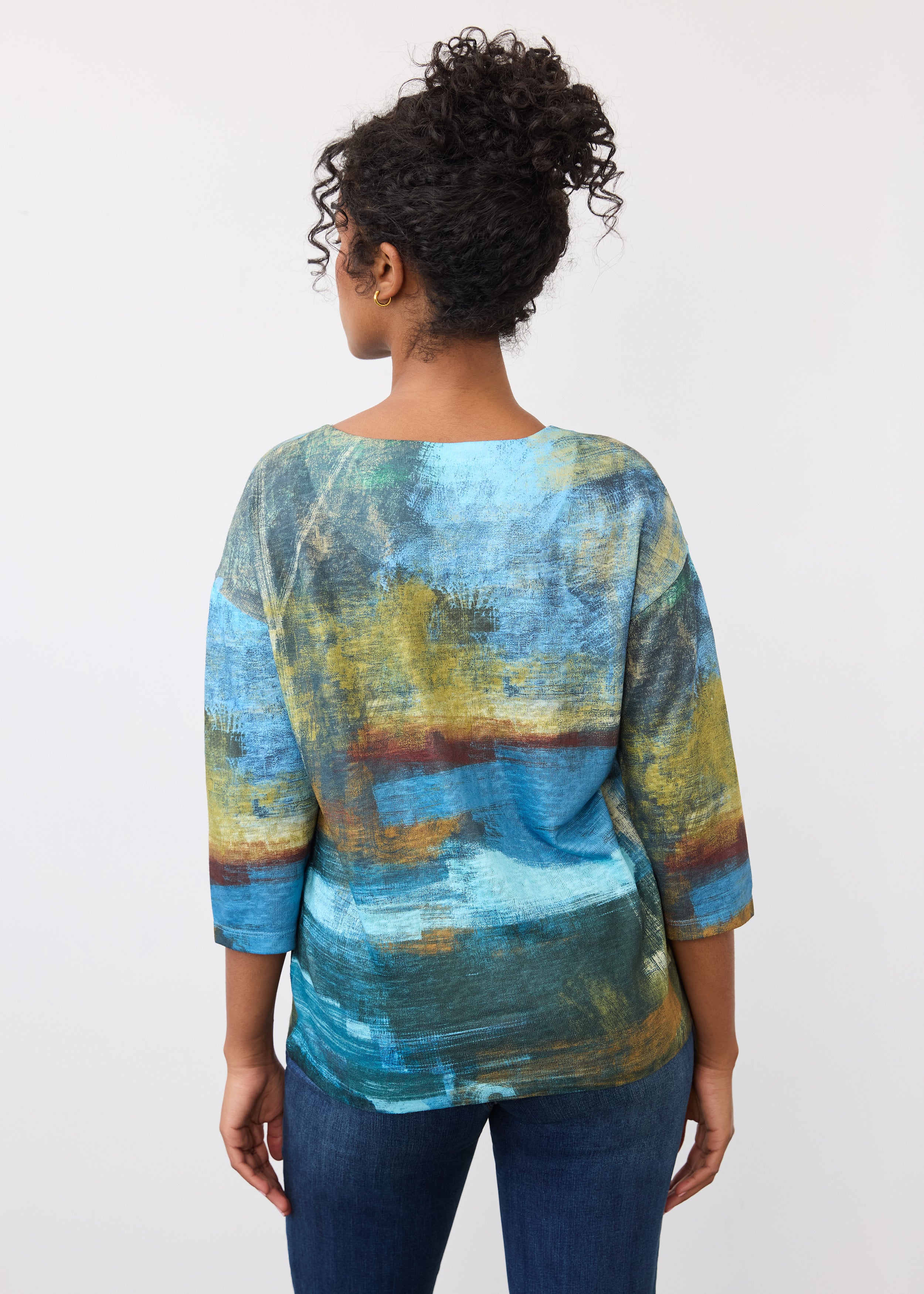 Back view of blue abstract print top highlighting relaxed fit and colorful design by French Dressing Jeans (FDJ)