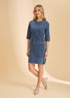 Front view of denim dress with button detail and 3/4 sleeves by French Dressing Jeans (FDJ)