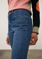 Close-up of medium blue Olivia denim with patch pocket detailing by French Dressing Jeans (FDJ)