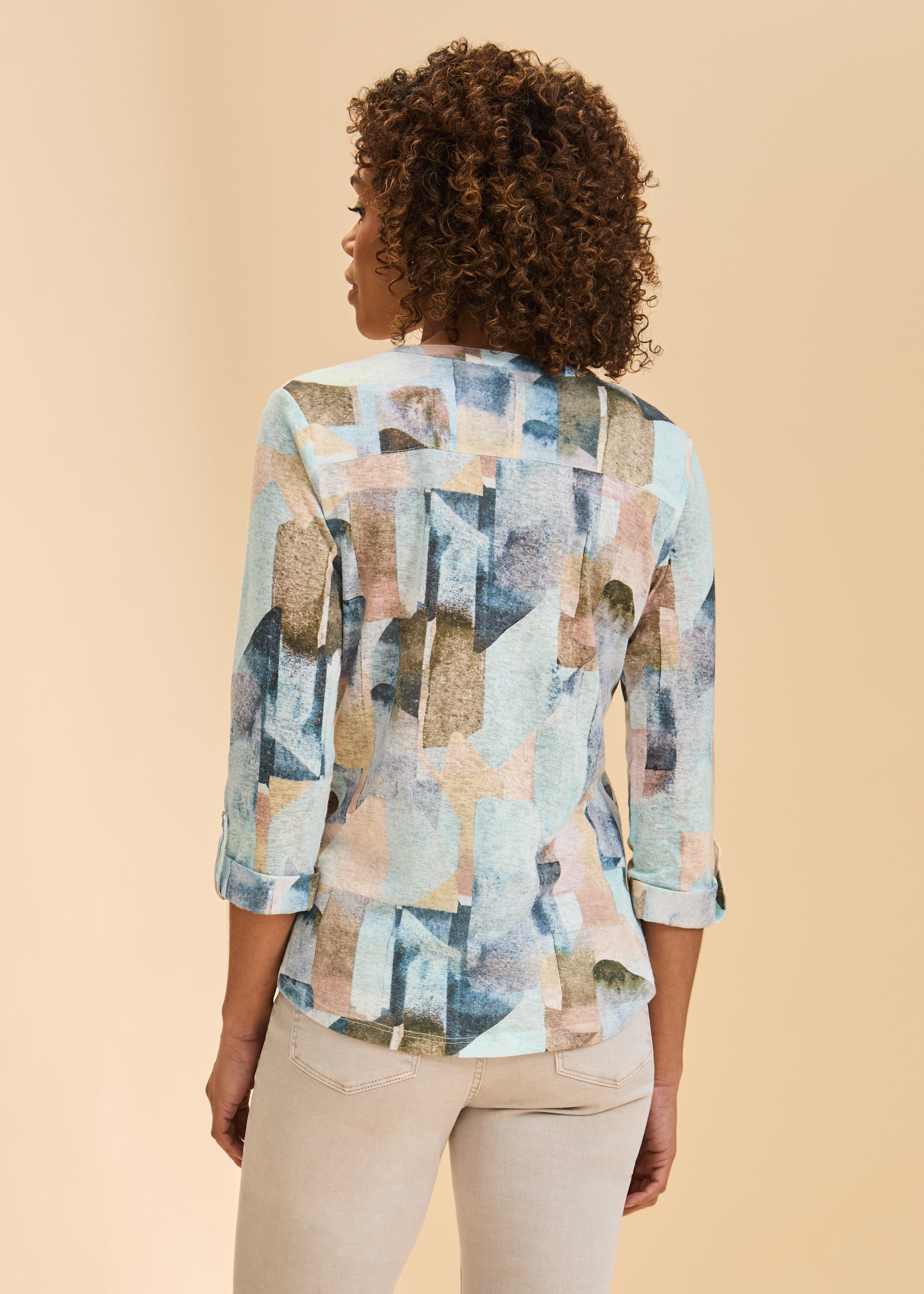 Back view of 3/4 sleeve Henley top showing abstract pattern in coppertone by French Dressing Jeans (FDJ)
