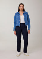 Model in dark Delight straight leg jeans and jacket by French Dressing Jeans (FDJ)