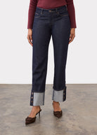 Front close-up of Suzanne pant in blueberry, featuring high-rise and smooth slash pockets by French Dressing Jeans (FDJ)