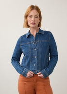 Front view of denim jacket with button front and fitted design by French Dressing Jeans (FDJ)
