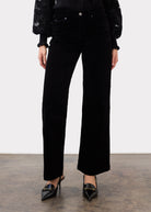 Front view of black Olivia wide leg pants showing mid-rise and front pockets by French Dressing Jeans (FDJ)