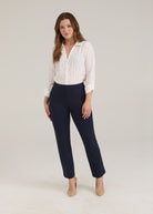 Full outfit with navy Ponte pull-on pants highlighting polished look by French Dressing Jeans (FDJ)