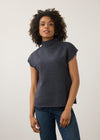 Front view of navy short sleeve top with ribbed texture and high collar by French Dressing Jeans (FDJ)