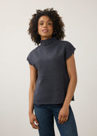Front view of navy short sleeve top with ribbed texture and high collar by French Dressing Jeans (FDJ)