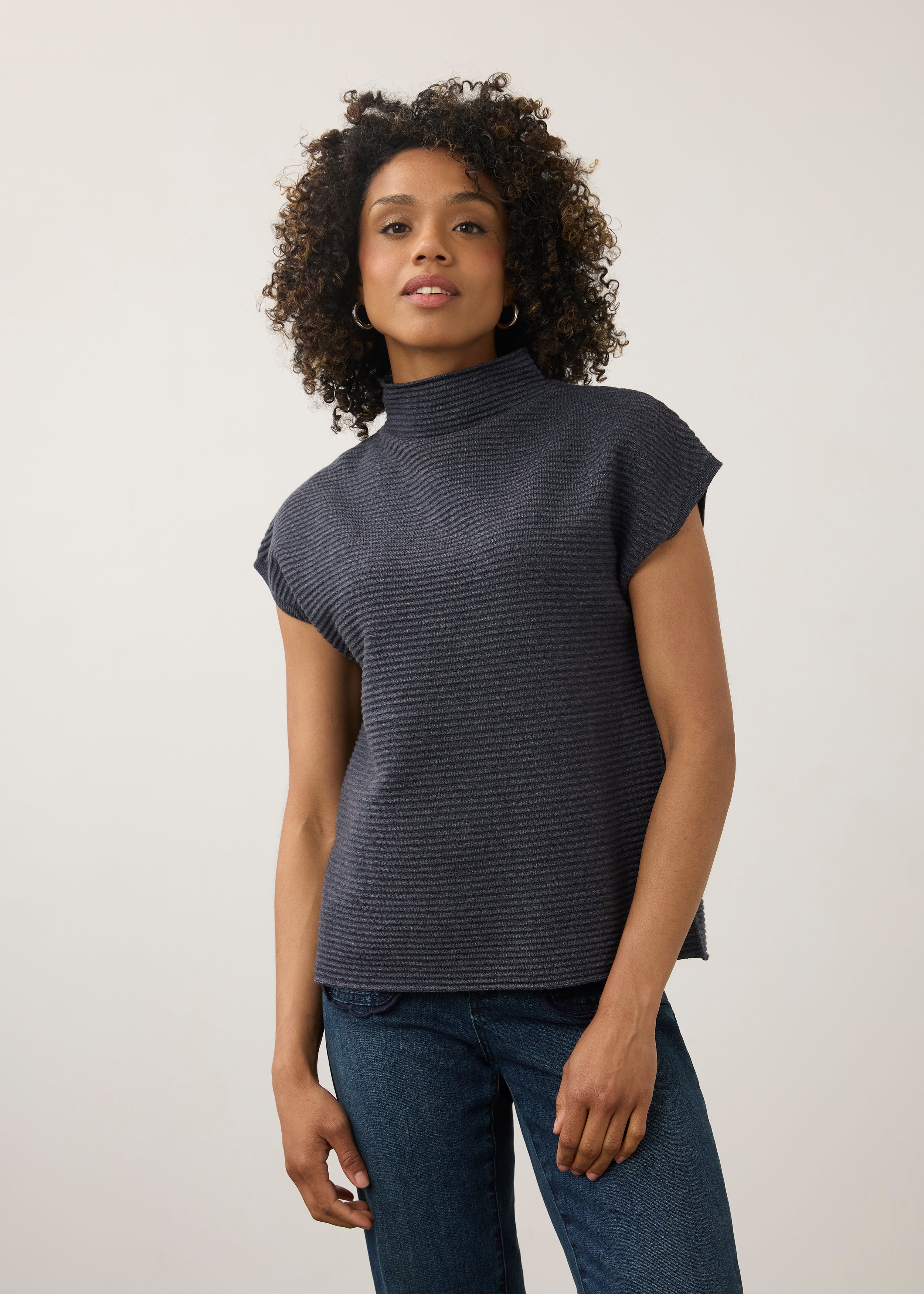 Front view of navy short sleeve top with ribbed texture and high collar by French Dressing Jeans (FDJ)
