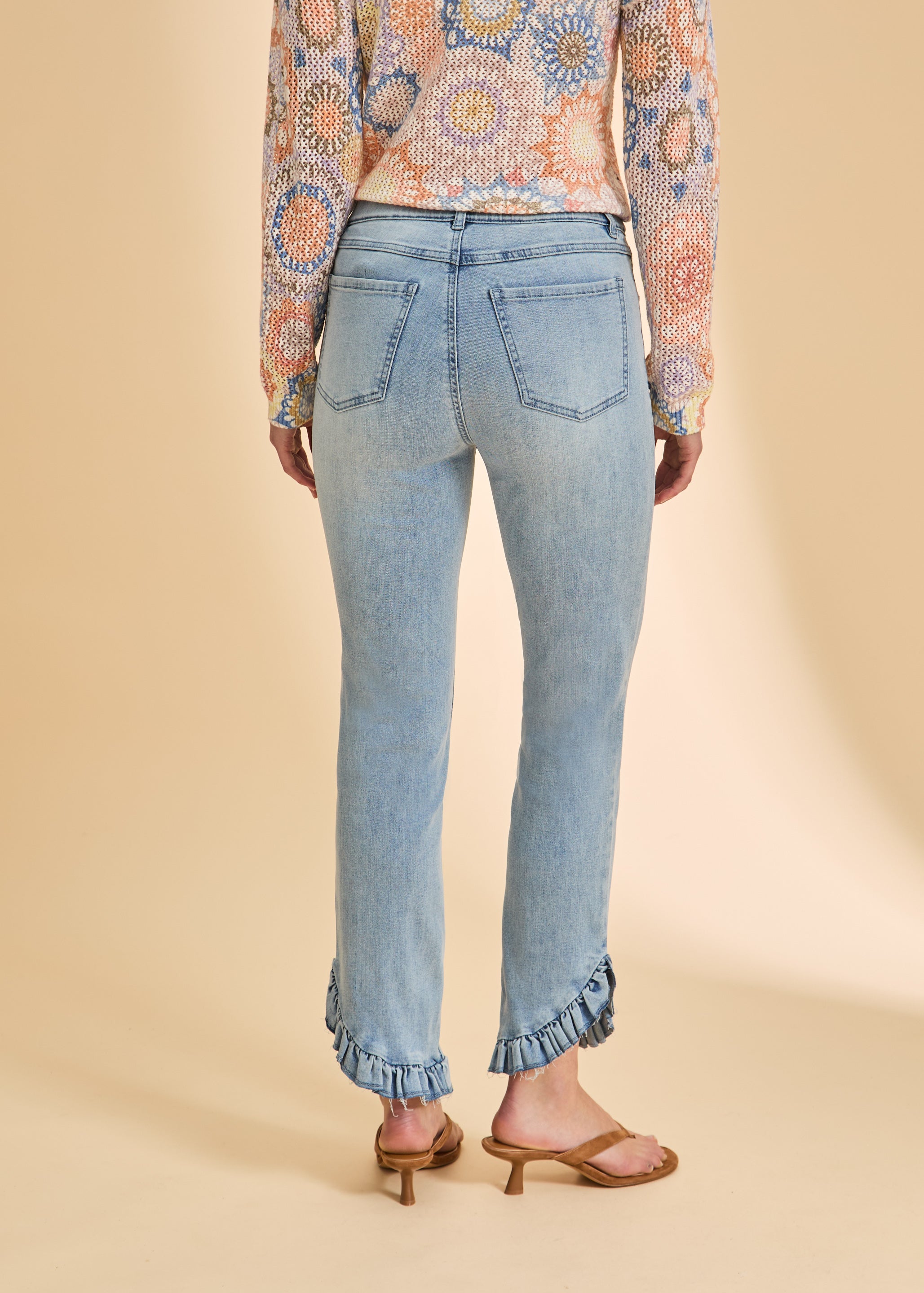 Back view of pull-on boot crop denim in blue eclipse showing back patch pockets by French Dressing Jeans (FDJ)