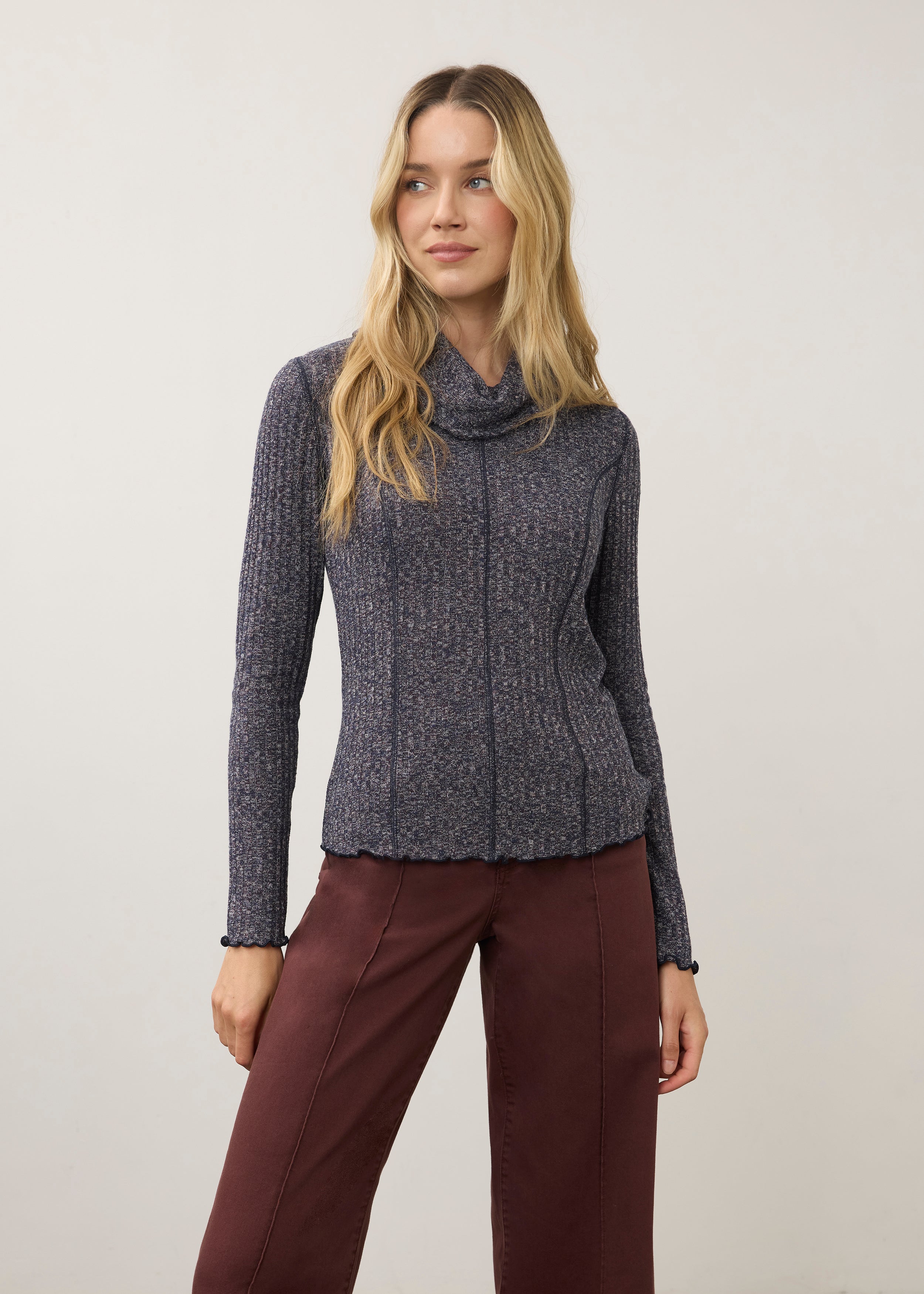 Front view of blue cowl neck top with ribbed texture and long sleeves by French Dressing Jeans (FDJ)