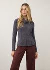 Front view of blue cowl neck top with ribbed texture and long sleeves by French Dressing Jeans (FDJ)