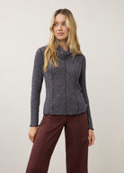 Front view of blue cowl neck top with ribbed texture and long sleeves by French Dressing Jeans (FDJ)