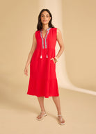 Front view of lava red midi dress with V-neckline and side seam pockets by French Dressing Jeans (FDJ)