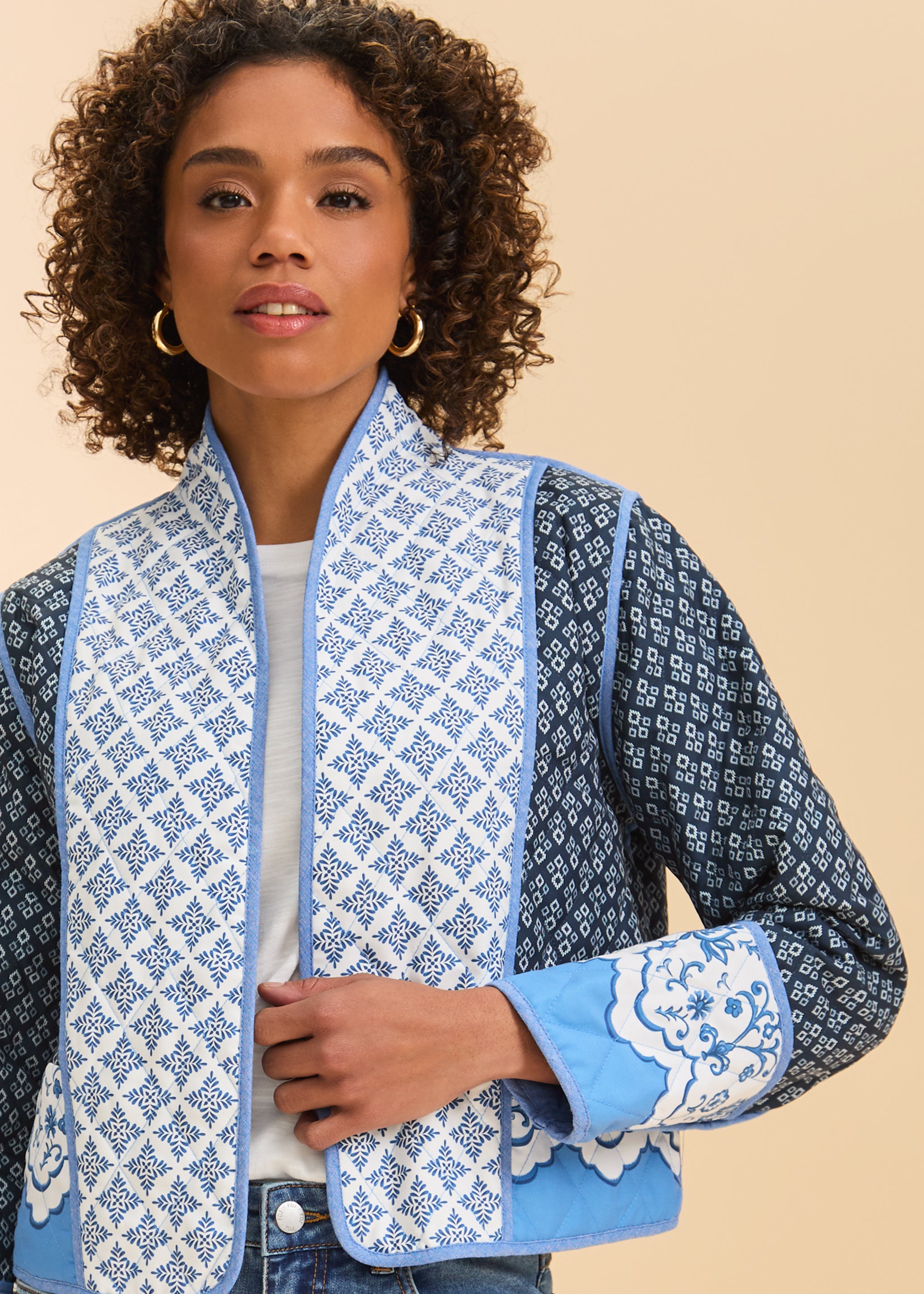 Close-up of quilted jacket's intricate pattern and stitching details by French Dressing Jeans (FDJ)