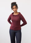Front view of burgundy off-the-shoulder sweater with long sleeves by French Dressing Jeans (FDJ)