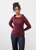 Front view of burgundy off-the-shoulder sweater with long sleeves by French Dressing Jeans (FDJ)